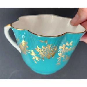 Rare Crown Staffordshire Teal w/Gold Leaves Teacup, Fine Bone China